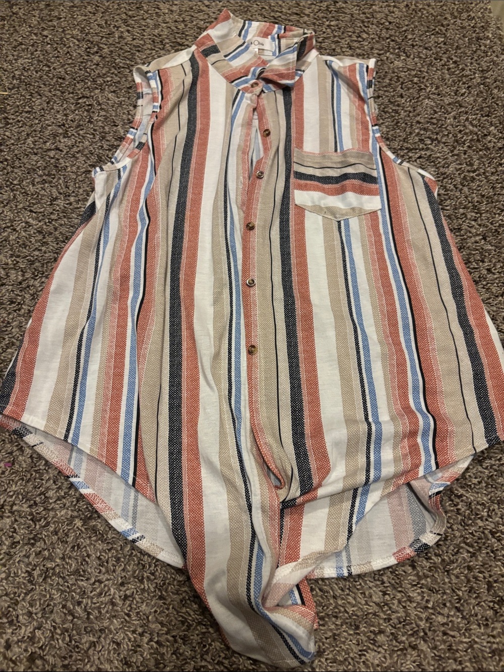 Sleeveless Striped Button-Up Shirt - Beige & Red Multi